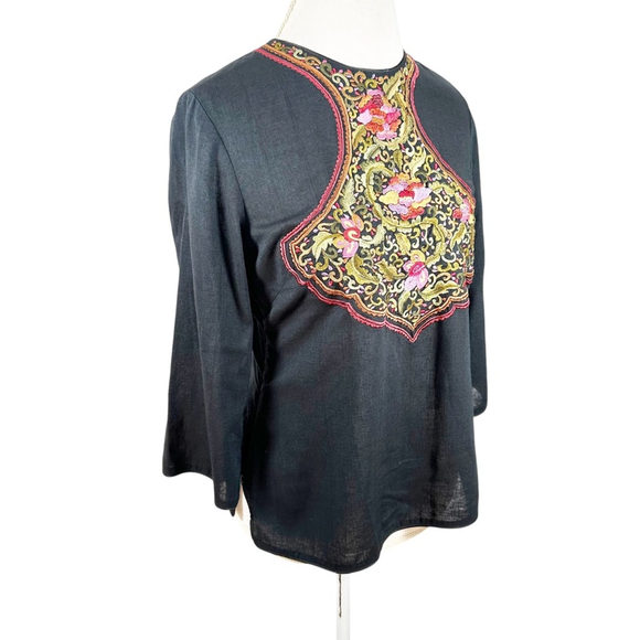 Minh Hanh Black Linen Top Embroidered Floral Tapestry Vietnam Couture Size S/M - Picture 2 of 11